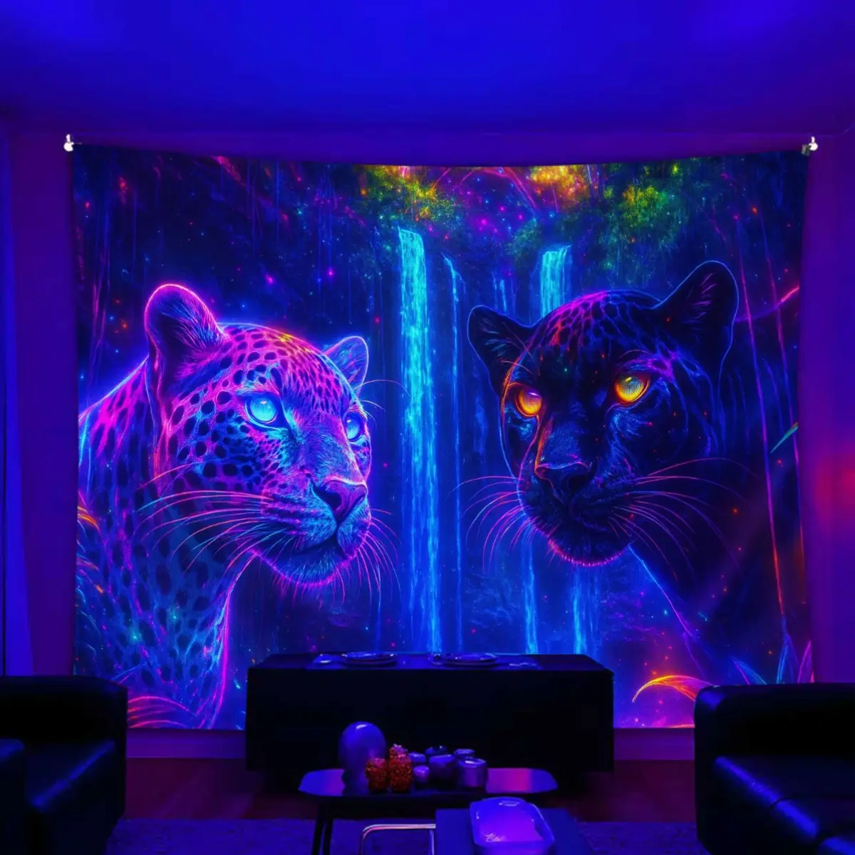 2D Flat Fluorescent Jaguar Artistic Tapestry, Artwork Print Tapestry for Bedrooms & Living Rooms, Indoor-Outdoor Home Decor Door Flag, Artistic Tapestry Tapestries, Artwork Print Tapestries