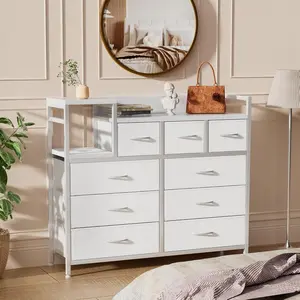 【Christmas Gift】White TV Stand with Charging Station,Wide TV Stand with Open Shelf,Bedroom Dresser for Living Room TV Stand with 9 Drawers,9 Large Storage Drawers for Living Room