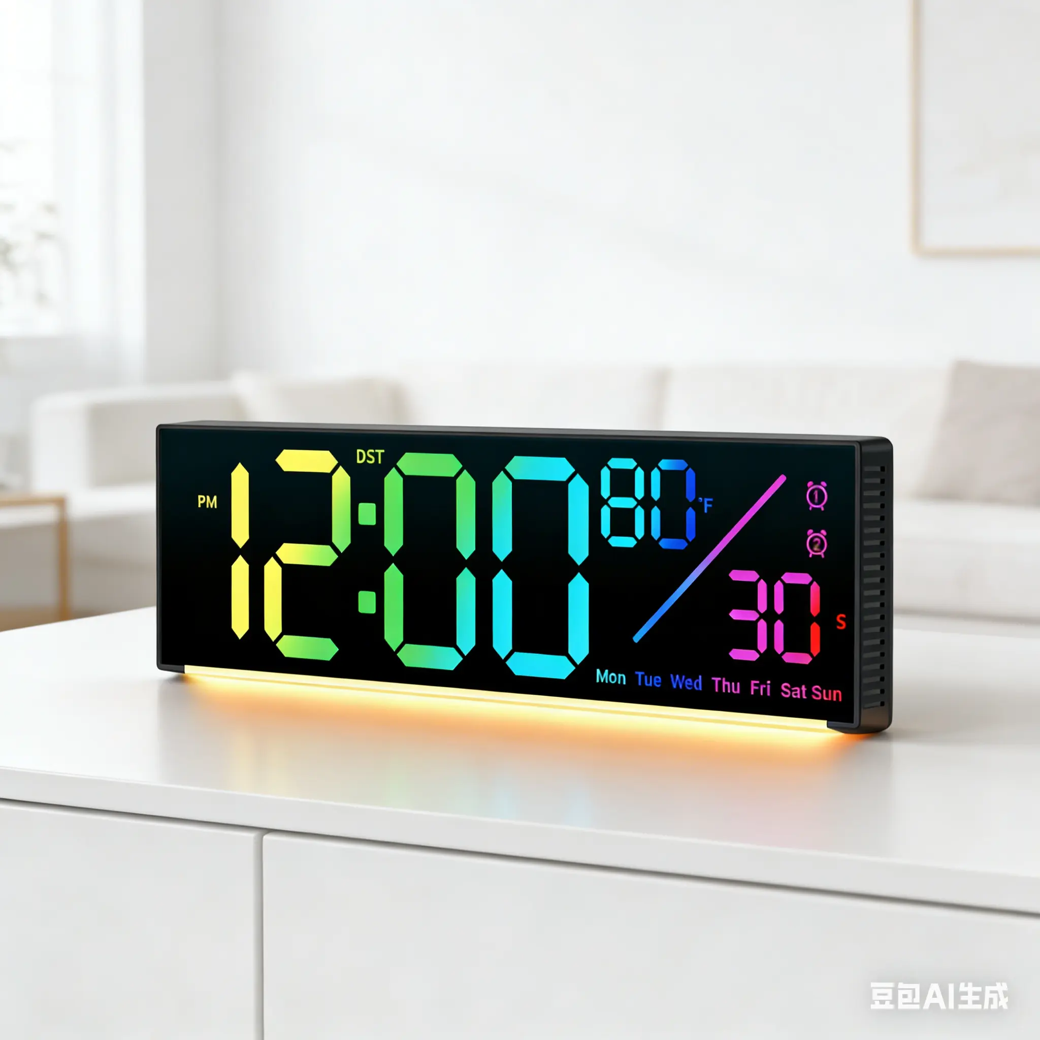 12-in Plastic Digital Wall Clock - 11 RGB Color-Changing LED Light Clock with Remote Control, Automatic DST for Indoor Living Room, Home Office