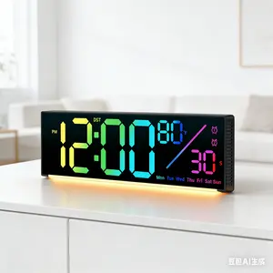 12" Digital Wall Clock with 11 RGB Colors Changing Remote Control LED Clocks Night Lights for Living Room Bedroom Office Classroom Decor Auto DST Multicolor Display