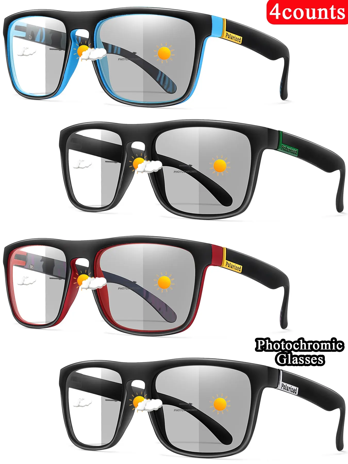 4 Piece Fashion Photochromic Polarized Sunglasses Set, Chameleon Sunglass Change Color, Unisex Trendy Accessories, Music Festival Party Wear, Casual Daily Use, Halloween Gift