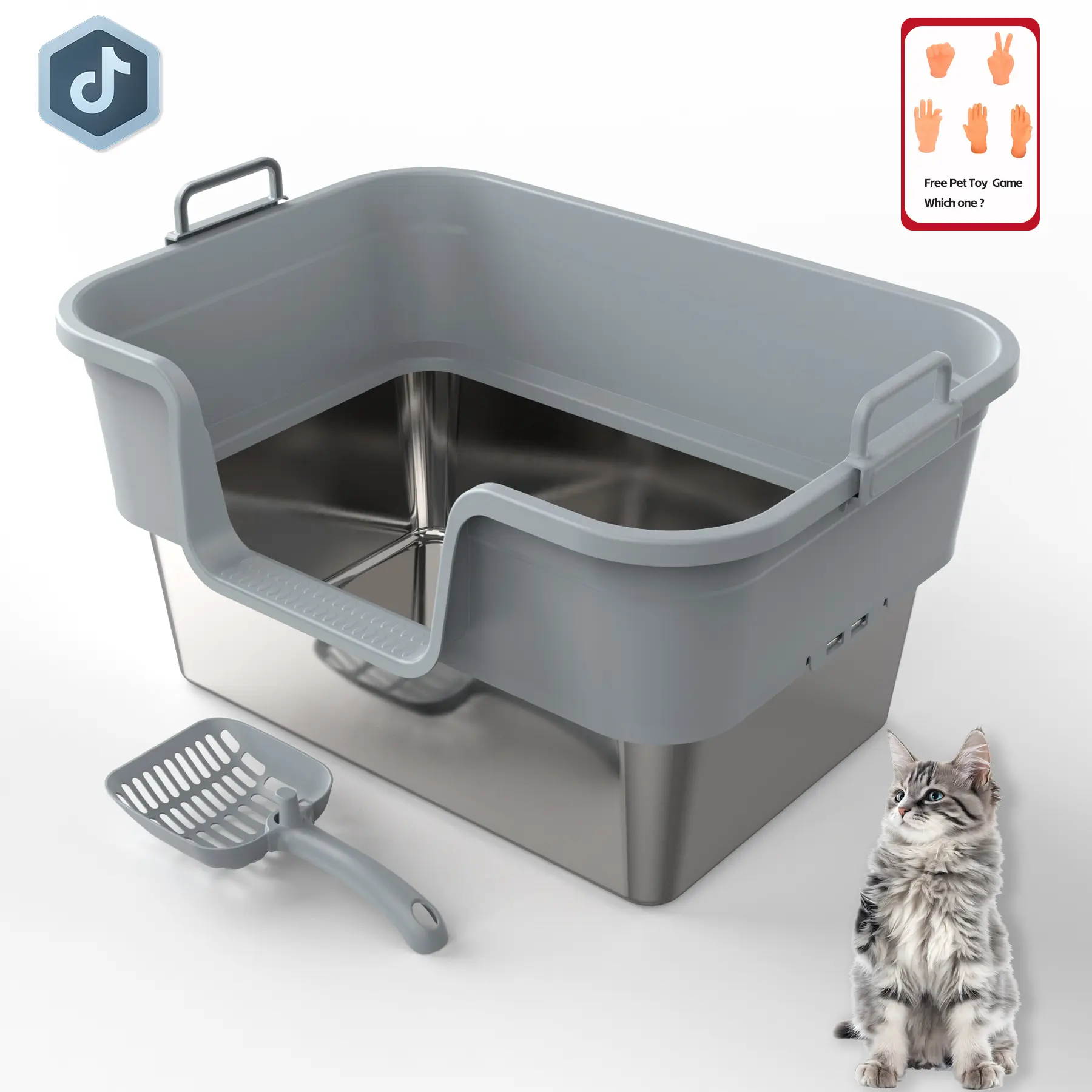 ZVRPET Stainless Steel Basic Cat Litter Box Open-Top 21.65" L & 26L Capacity Features Urine-Proof Design & Flip-Top for Easy Cleaning  Includes Scoop. Litterbox