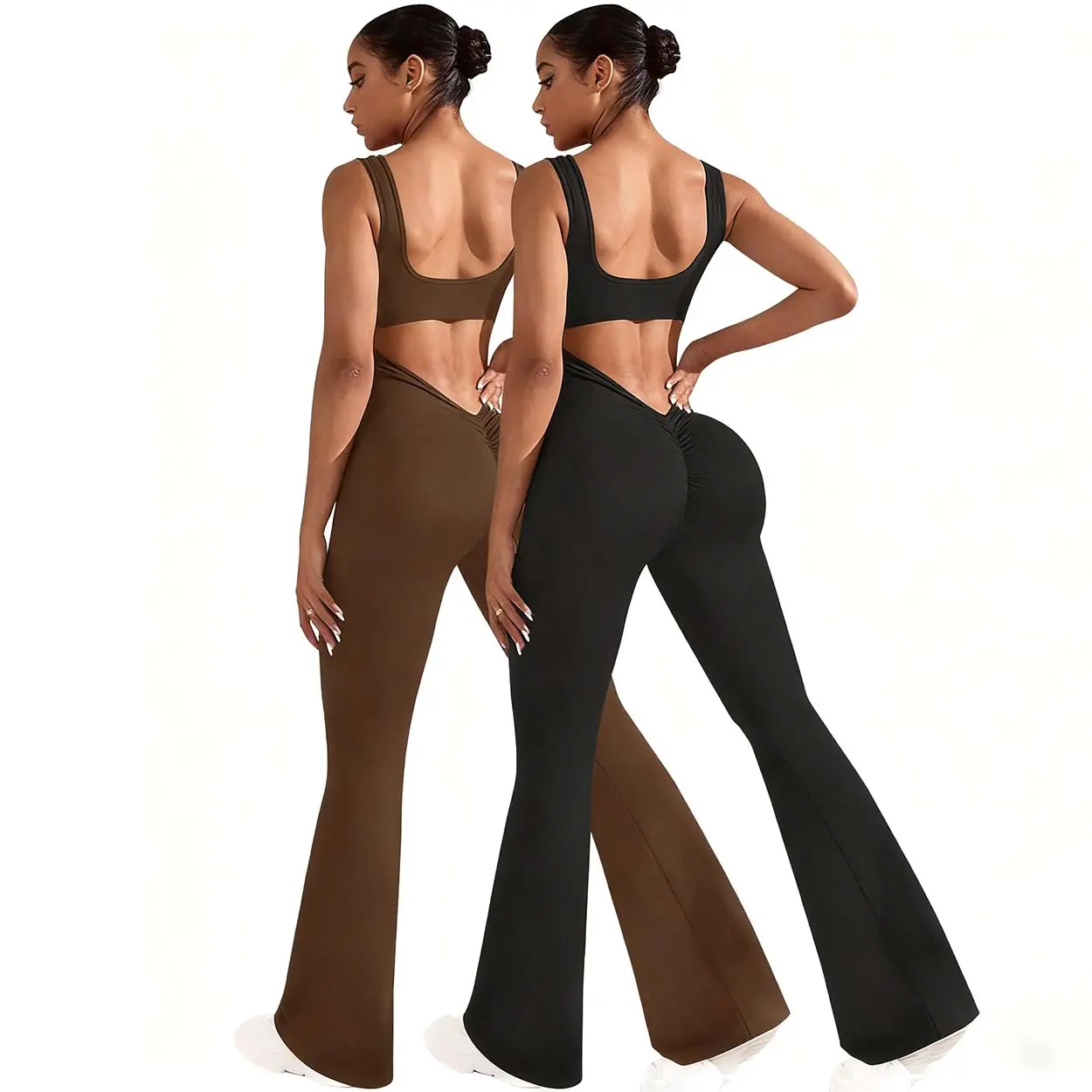 Women's 2-Piece Seamless Yoga Set, Square Neck Crop Top & V-Back High Waist Flare Pants with Ruched Butt Lift, Sporty Jumpsuit, Stylish Activewear