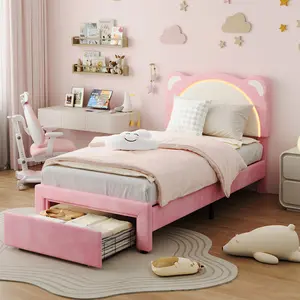 Adjustable LED Headboard Bed Frame for Kids – Twin/Twin XL, Cute Bear Soft Upholstery, Uniform Wood Slats, Storage Drawers, Sturdy, Noise-Free, Easy Assembly