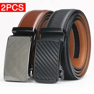 2 Pieces Men's Genuine Leather Ratchet Belt with Adjustable Automatic Buckle - Durable Alloy Buckle, High-Quality Panel, Suitable for Casual and Business Style, Suitable for Any Occasion, Casual Wear, Fashion Design, Sturdy Structure, Men's Belt, Ratchet