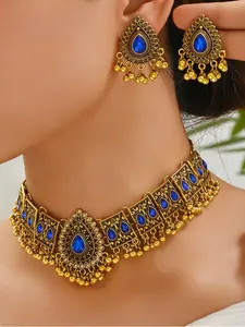 Indian Style Blue Rhinestone Choker Necklace & Earrings Set, Gold Tone Bollywood Wedding Matching Jewelry Set for Women, Vintage Bridal Party Accessories