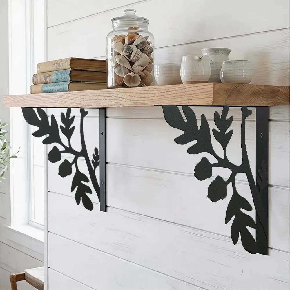 Leaf-Cutout Floating Shelf Brackets (Set of 2) — Sturdy, durable, and easy-to-install wall-mounted brackets featuring an Asian Zen aesthetic; suitable for storage and decorative display in kitchens, bathrooms, bedrooms, and balconies.