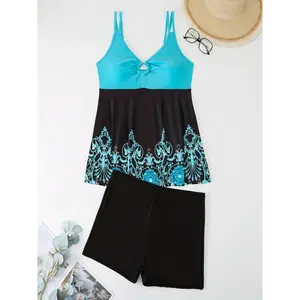 [Plus Size Floral Print Tankini] Chic Plus Size Floral Print Tankini Set with Removable Pads - Stretchy, Machine Washable Two-Piece Swimsuit for Women, Print, Swimsuit, Party Style