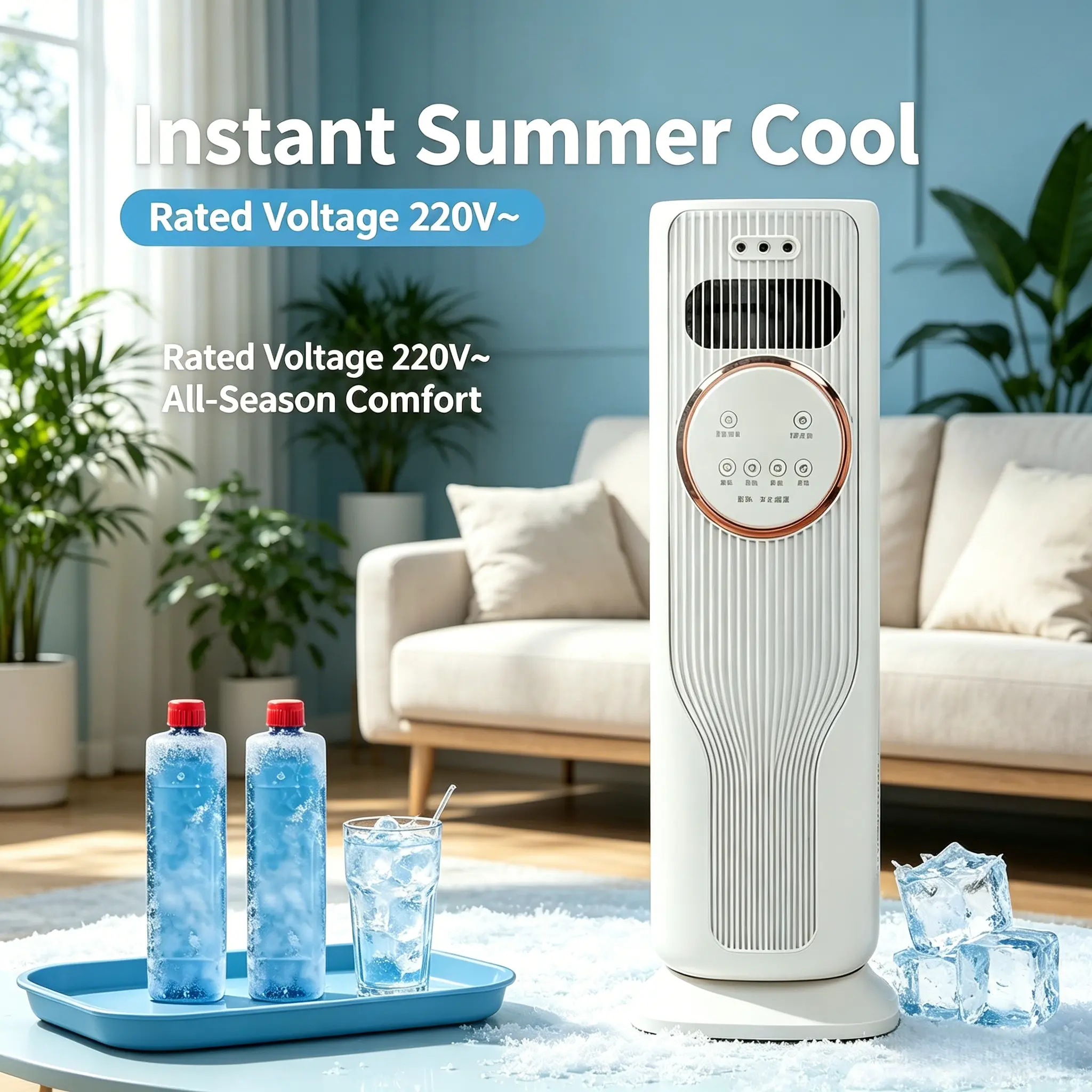 Vertical Evaporative Ice Cooling Tower Fan 220V Household Portable Air Cooler Humidifier, Quiet Standing Water Air Cooler Fan with Ice Tank for Living Room Dorm Apartment Indoor Summer Use