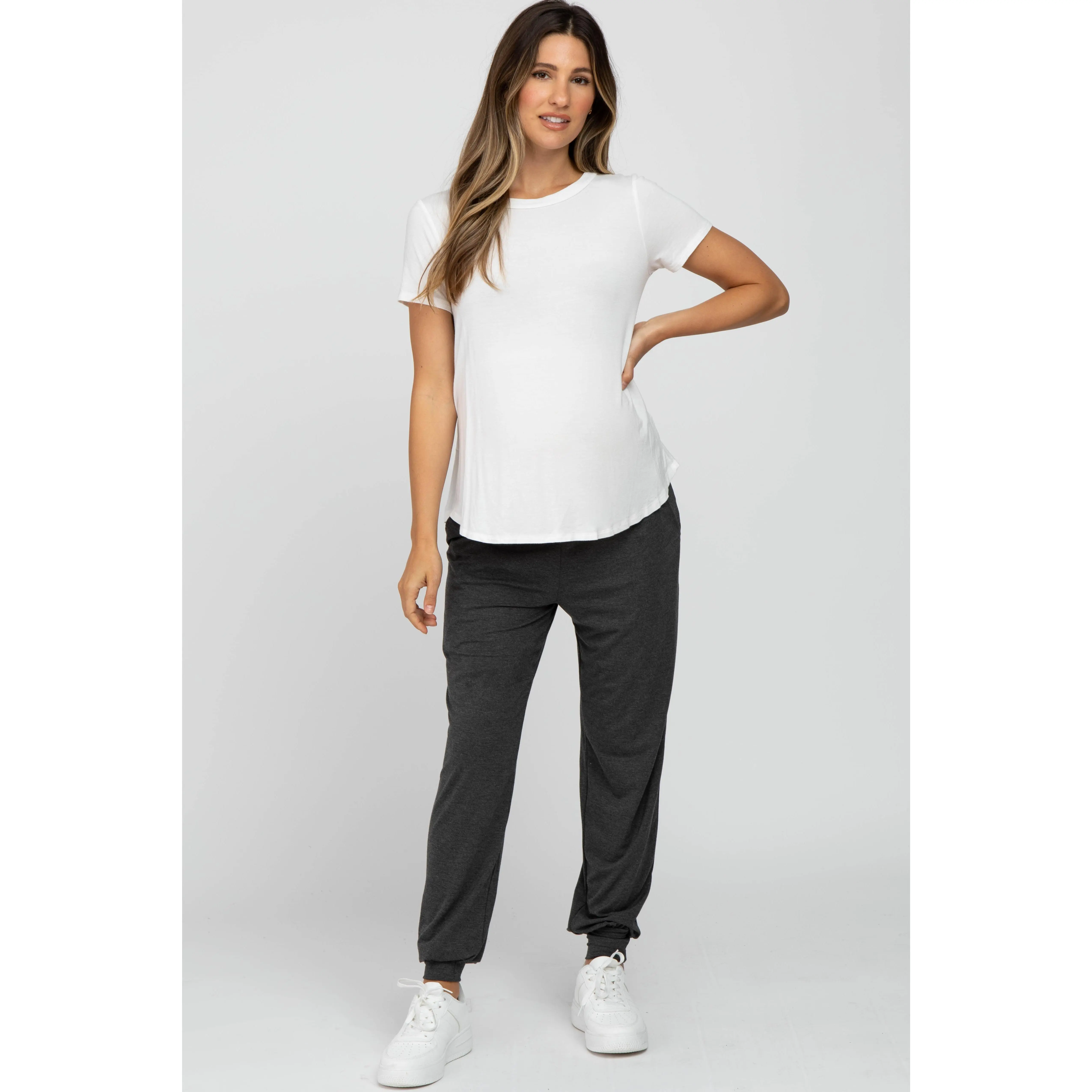 Charcoal Maternity Jogger Pants - Soft Knit Loungewear for Pregnancy with Over-The-Belly Waistband and Side Pockets, Maternity Clothing, Casual Fit Maternity, Pregnancy Clothes