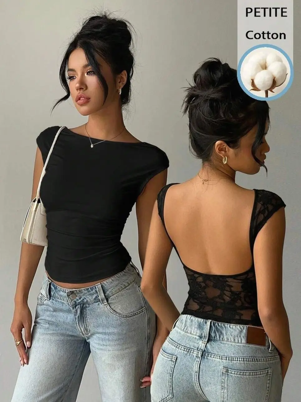 Petite Women's Lace Patchwork Backless Crop Top, 95% Cotton Short Sleeve Summer T-Shirt for Beach, Party and Vacation Wear