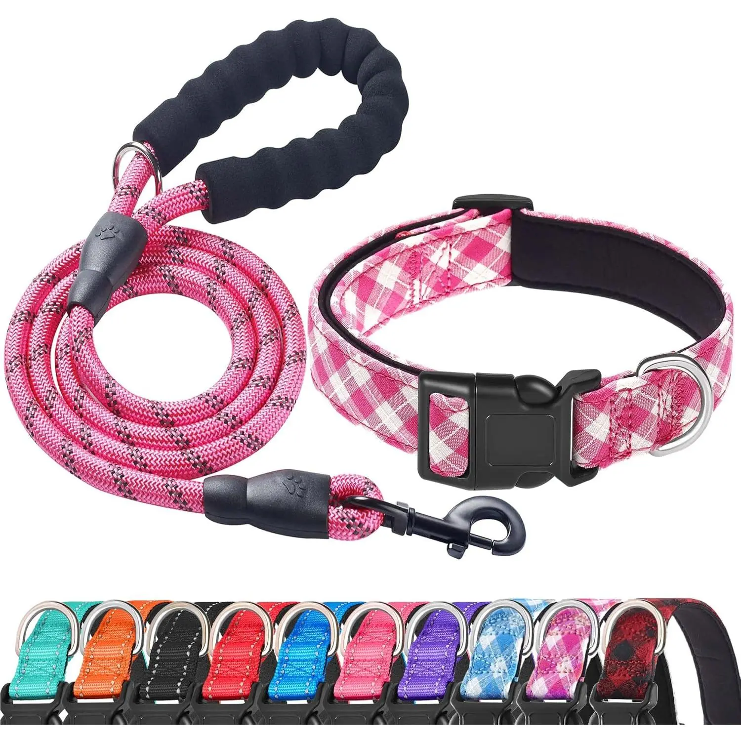 Pink Plaid Collar+Leash