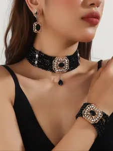 Vintage Hollow Square Earrings Set, Crystal Beaded Necklace Bracelet Jewelry, Elegant Women's Accessory for Weddings Parties Holidays