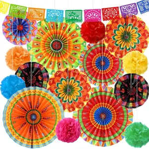 Outus 24 Pcs Mexican Fiesta Party Decorations Cinco De Mayo Decor Halloween Hanging Paper Fans Day of The Dead Banners Taco Tissue Pom Poms for Carnival Biethday Classroom Ceiling Wall Supplies