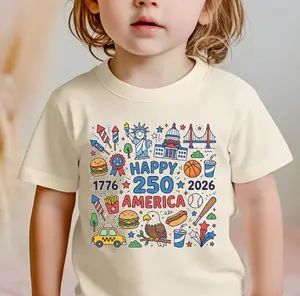 Youth Happy 250 T-Shirt, 1776-2026 USA 250th Anniversary Shirt,  Doodle Patriotic USA Tee