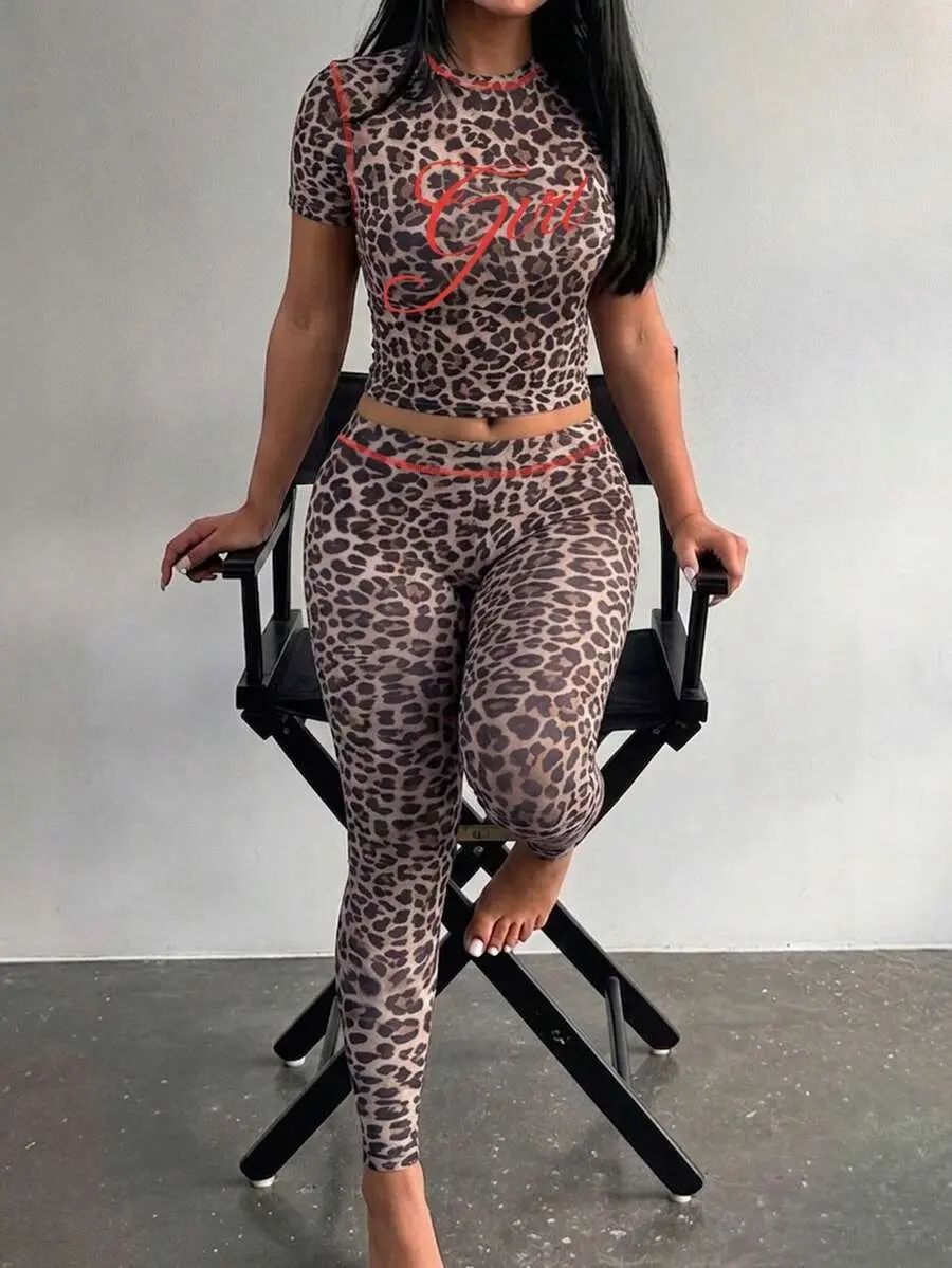 Y2K Streetwear Leopard Print 2 Piece Set | Short Sleeve Letter Graphic Crop Top and High Waist Leggings Matching Set for Women Party, Clubwear & Outing