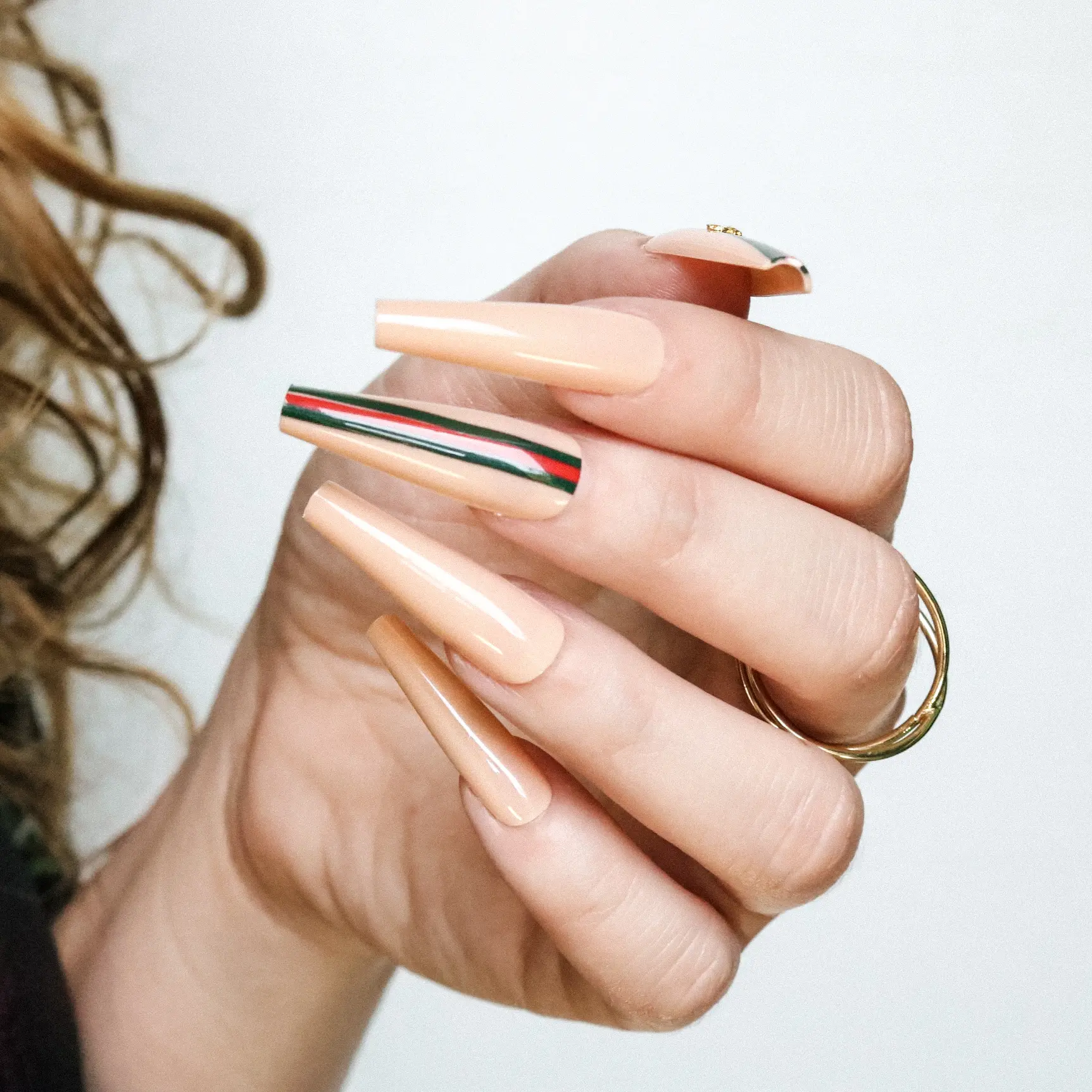 Allkem Bee Stripe Ballerina Press on Nails | Glossy Extra Long Coffin| 10 sizes - 20 pcs Nail kit with Glue