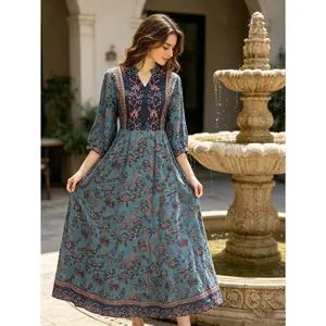 Women's Smooth V-Neck Waist Cinch Embroidered Lightweight Soft 3/4 Sleeve A-Line Dress, Breathable Comfortable Boho Fabric Midi Skirt for Summer, Flattering Casual Vacation Beach Outfit