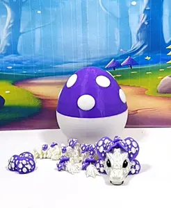 Articulated Dragon and Egg, 3D Printed White and Purple Mushroom Baby Dragon, 6 Inches Fidget ADHD Autism Toy, Stress Relief Toy
