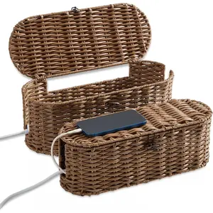 Handwoven Management Box 2Pack Brown Modern Plastic Organizer for Cords Power Strips Imitation Wicker Desk Floor Storage Durable Ventilation Friendly