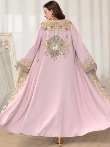 Middle East Dubai Muslim Abaya Long Robe for Women, Fashion Court Style Printed Loose Fit Overcoat, Elegant Outerwear, Floral Print Abaya, Floral Embellished Abaya