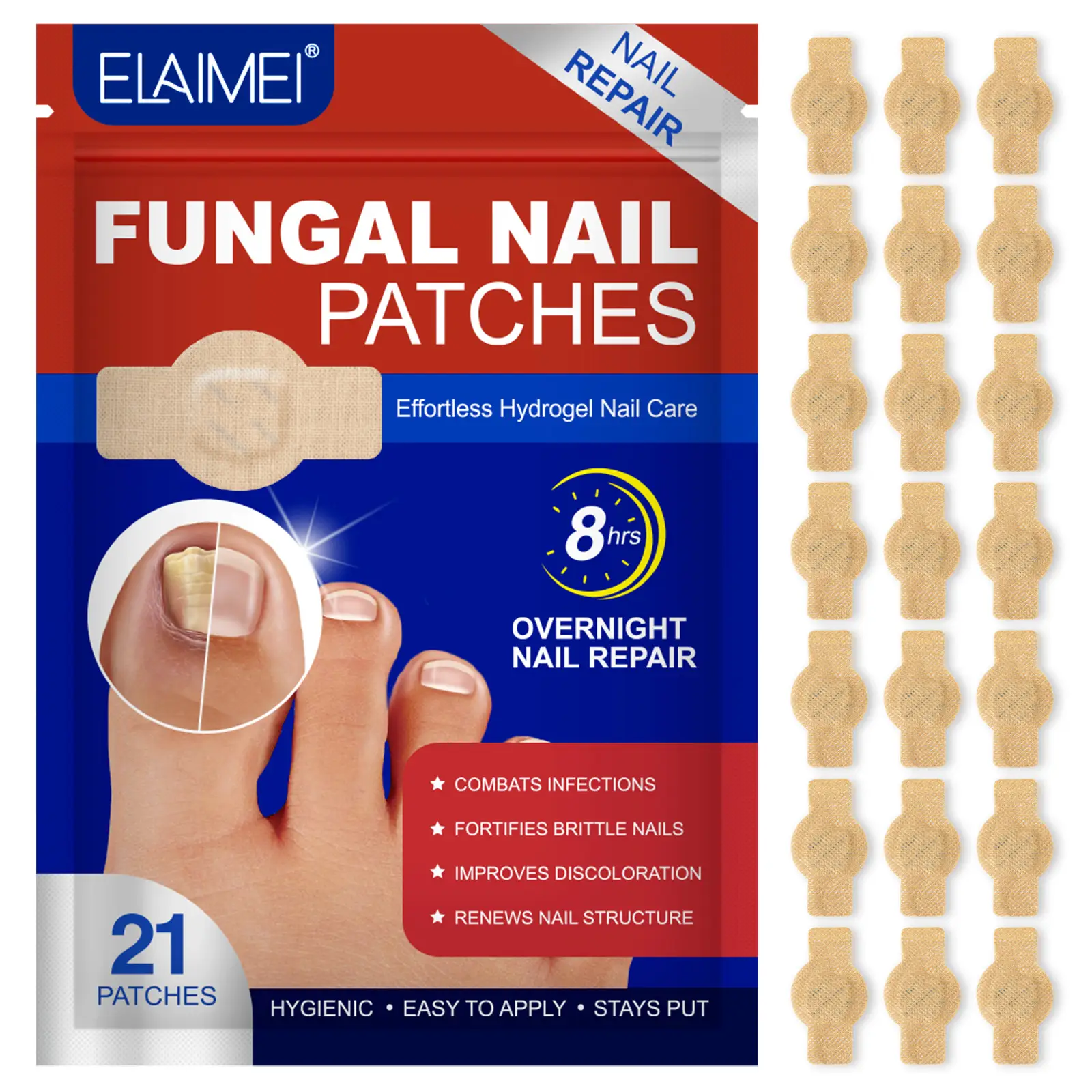 【Live】Elaimei Fungal Nail Patches 21 Pcs, Nighttime Nail Patches, Overnight Toe Nail Treatments for Damaged Nails Foot Nails Repair Care