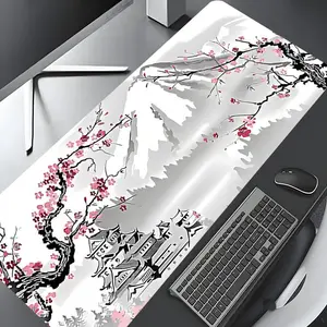 Cherry Blossom Mountain Pattern Design Mouse Pad, Rectangle Gaming Mouse Pad, Non-slip Rubber Pad, Aesthetic Desktop Decoration Protective Pad