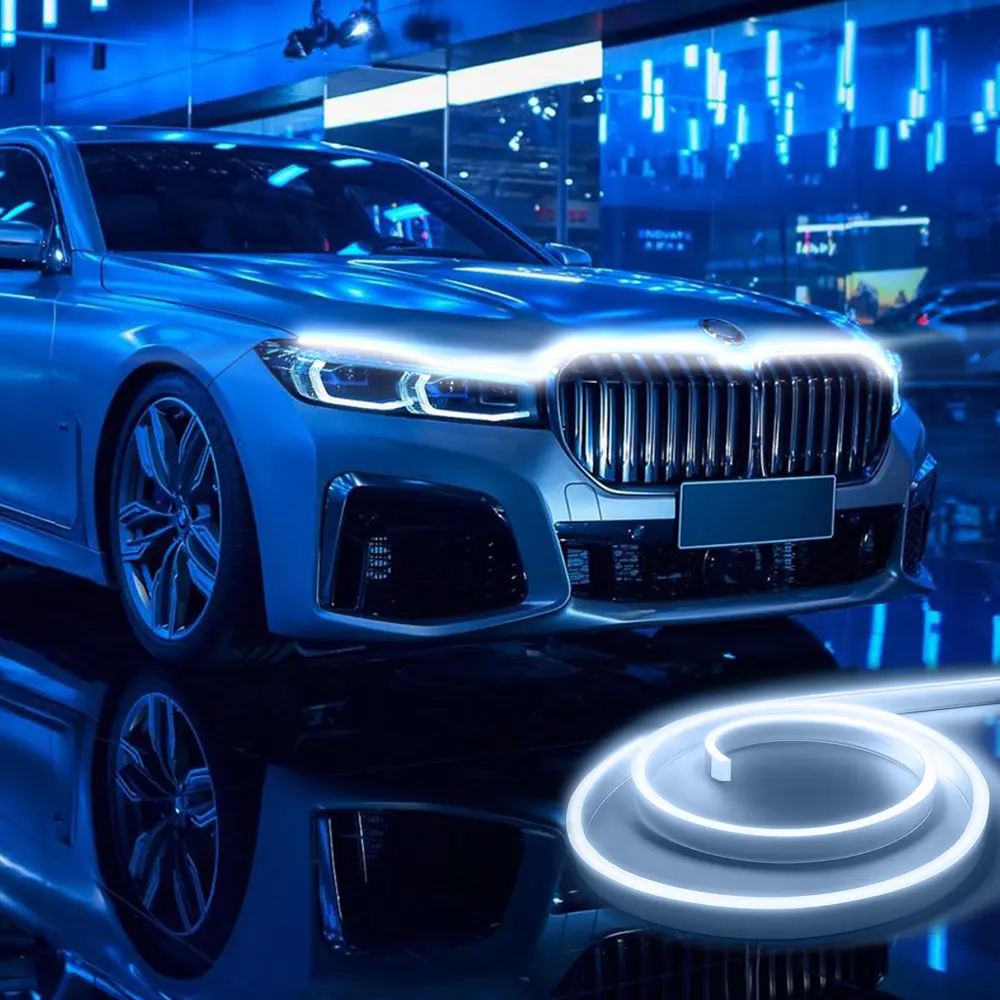 71 inch LED Car Hood Light Strip, Dynamic Scan Start-up effect, Universal Engine Cover Daytime Running Light, Exterior Interior Decorative Accessories Custom Ambient Lights for Pickups SUVs Vans Cars, Waterproof Hardwire Easy Installation Flexible