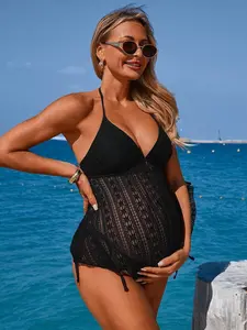 SAMT Contrast Netting Halter Expecting Mom Tankini Bundle Warm Weather Apparel Coquette Vibe