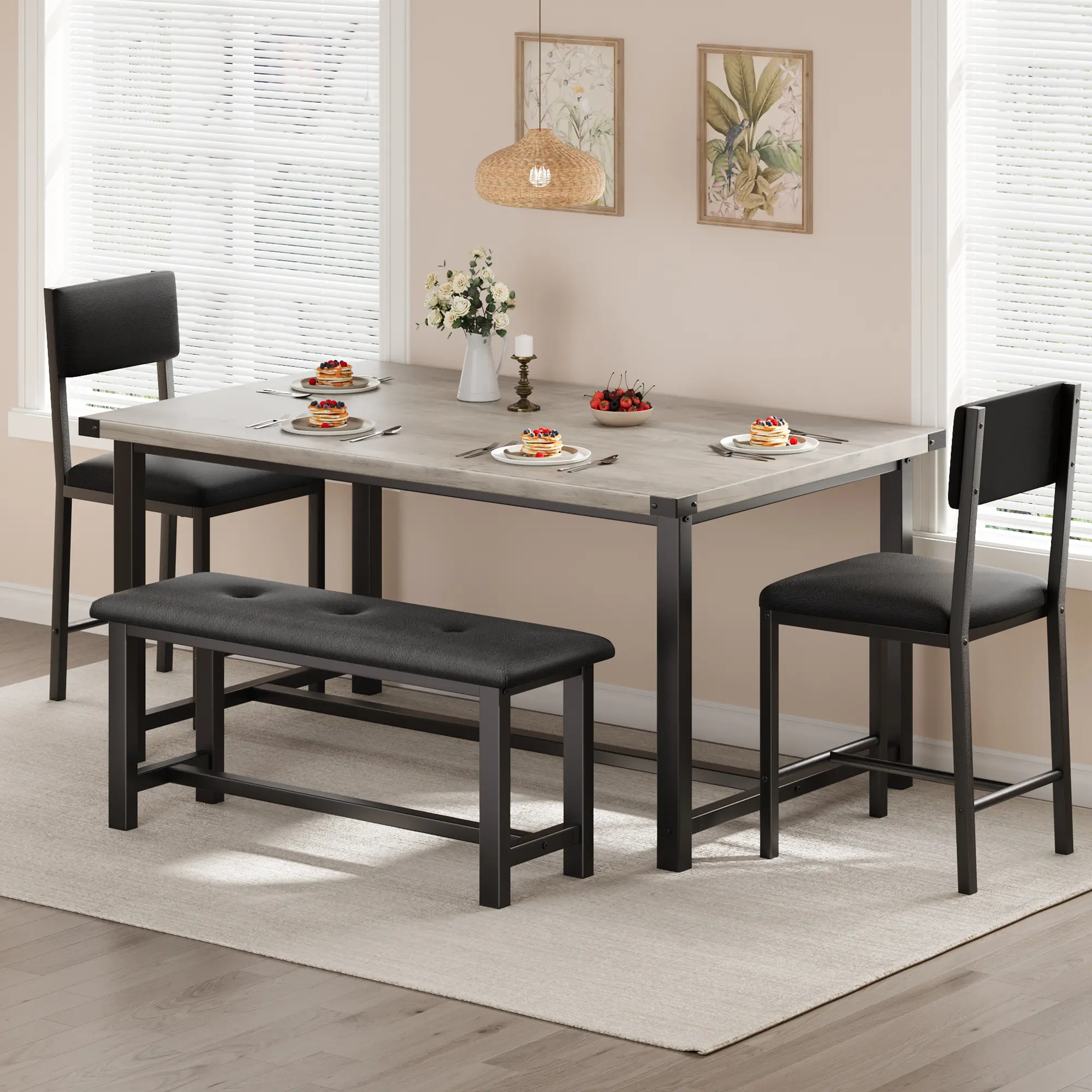 Modern 4-Piece Dining Table Set for 4 with Upholstered Bench and 2 Padded PU Chairs, Space-Saving Small Dining Table for Apartment, Industrial Wood & Metal Dining Room Table Set, Easy Clean, Gray