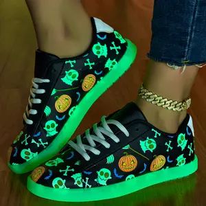Unisex Casual Fashion Sneakers with Light Up Feature - Halloween Skull and Pumpkin Pattern, Non-Slip Rubber Sole, Low Top Lace-up with Round Toe - All-Season Fluorescent Board Shoes Closed Trainer Walking Shoes Sports Shoes Runner Boy