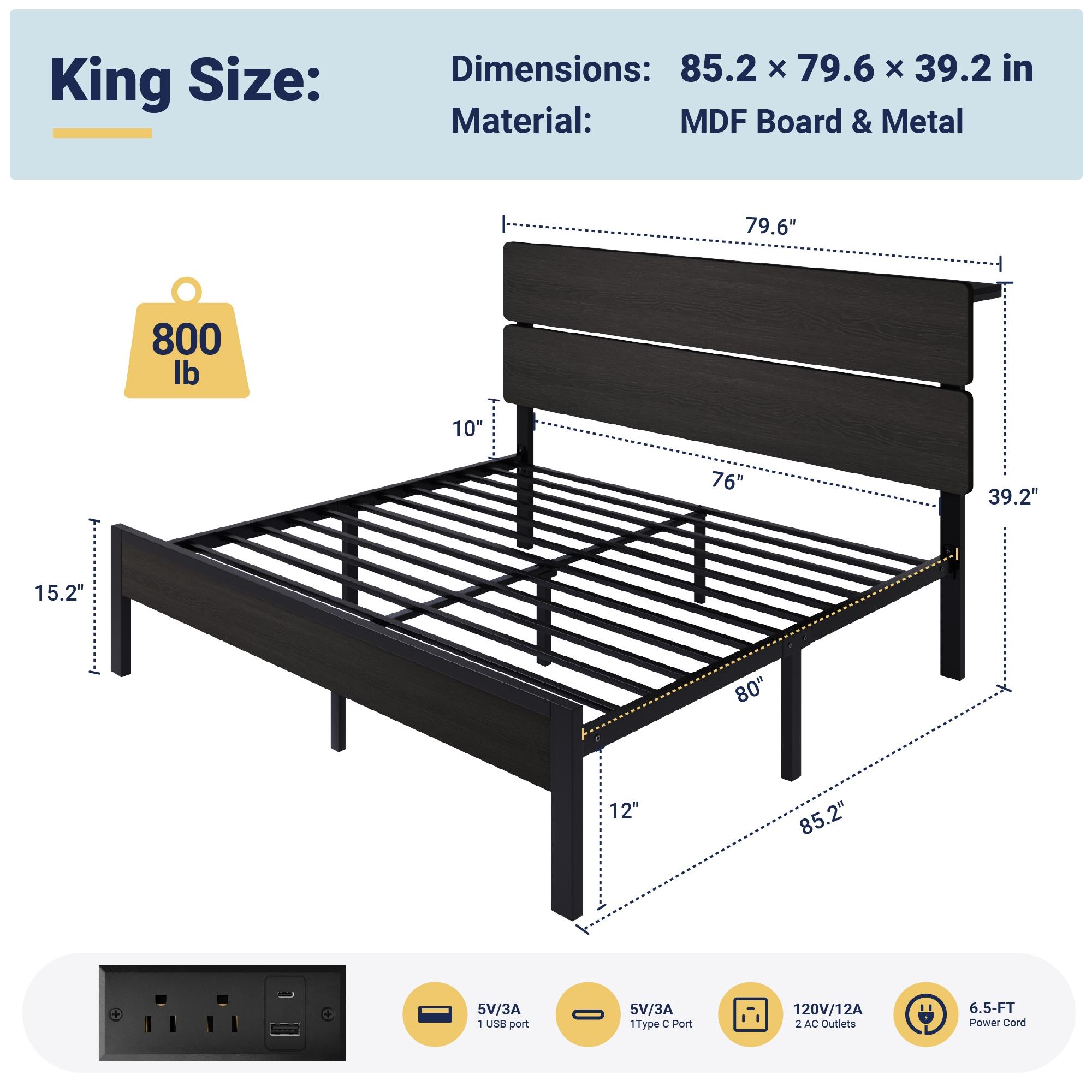 MUTICOR LED Bed Frame with 2 Fabric Storage Drawers, Charging Station & MDF Storage Headboard, Steel Slat Platform Bed with Underbed Storage, No Box Spring Needed