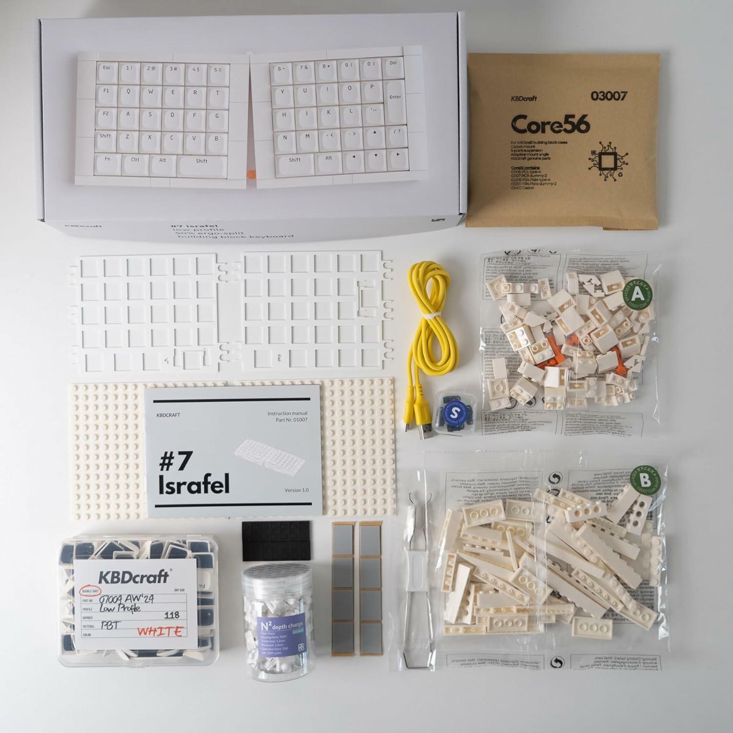 KBDcraft 07Israfel 56-Key Ortho Ergo-Split Low-Profile Mechanical Keyboard, Lego-Compatible Case, Wired, Linear Switch, Gasket Mount, Hot-Swappable, RGB, QMK, Vial for Win/Mac, White