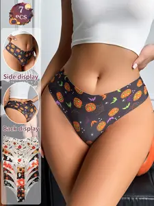 7-pack Halloween women's underwear, Fashion breathable underwear, cute prints of pumpkins, skulls, and ghosts, suitable for autumn and winter daily activities.