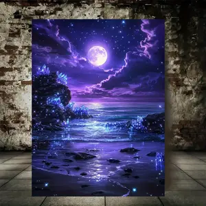 1-piece framed canvas wall art, Artistic - Purple ocean under the full moon, deep purple-blue starry night scene - Decoration for living room, bedroom - Wooden frame (15.7x 11.8inch /40x 30cm ) - ocean scene home decor, p