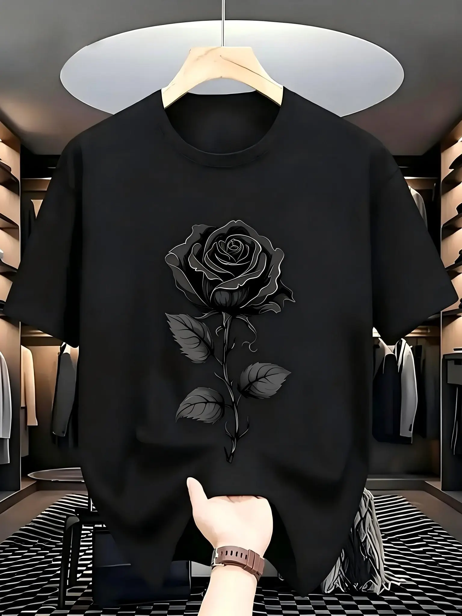 Single Black Rose Unisex T-Shirt for Men & Women - Minimal Floral Gothic Graphic, Soft Cotton Crew Neck Short Sleeve, Comfortable All-Season Tee, Perfect Dark Aesthetic Streetwear Gift for Everyday Style, Summer Spring, Machine Washable