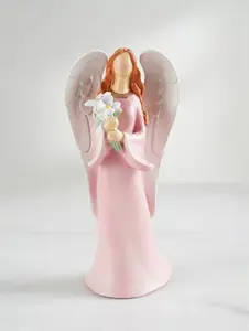 8.5" Pink Angel Figurine with Flowers - Resin Home Decor Ornament Gift