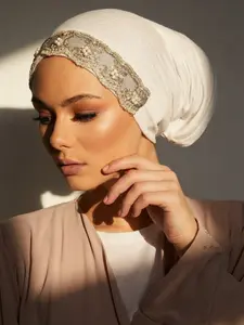Luxurious Jersey Modal Hijab Inner Cap, Beaded Lace Muslim Hat, Elastic Comfortable Sleep Cap, Ramadan Fashion Decoration Hat, Turban Hijab