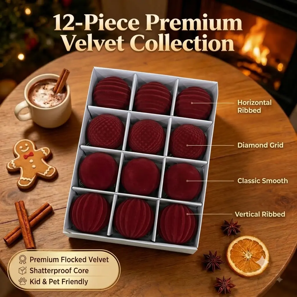 12-piece thick Christmas ball decoration set, retro wine red multi-textured velvet soft surface Christmas tree decoration, Soho style, available in dark green, royal blue, light camel, and coffee brown options