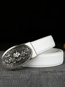 Wolf head relief alloy automatic buckles, retro style, paired with a 1.38in/3.5cm wide solid color Pu Leather Belt, adjustable length, suitable for daily commuting, parties, dances, Halloween gifts.