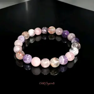 'Purple Dream' Chevron Amethyst, Lavender Rose Quartz, Pink Tourmaline Quartz, Purple Phantom Ghost Quartz Bracelet 8mm Natural Stones Beaded Gemstones