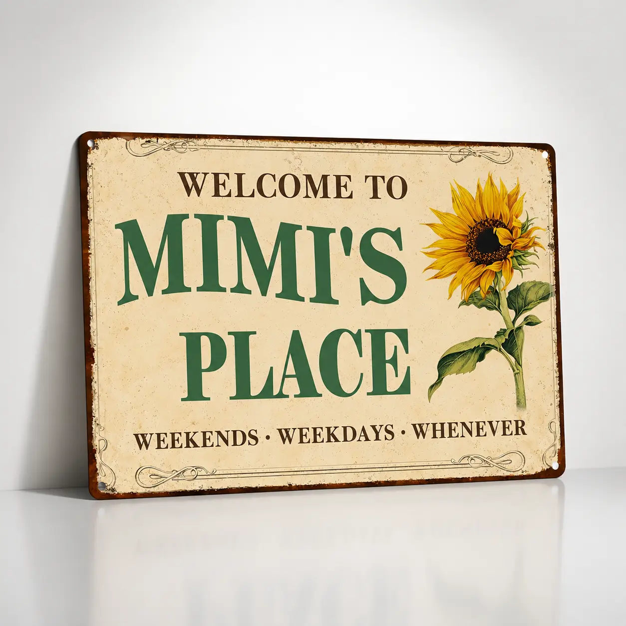 Vintage Sunflower Rustic Rectangle Aluminium Metal Sign - 8x12 inch Decorative Wall Decor, "Welcome To Mimi's Place" Plaque, Classic Farmhouse Gender-Neutral Home Sign, Ideal Gift for Home Supplies Enthusiasts