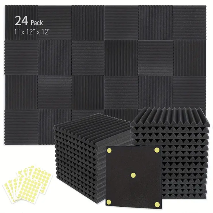 24PCS Acoustic Foam Wedge Panels, 1"x12"x12" Noise Absorption Panels with Double-Side Adhesive for Home Office Recording Studio, Reduces Flutter Echoes