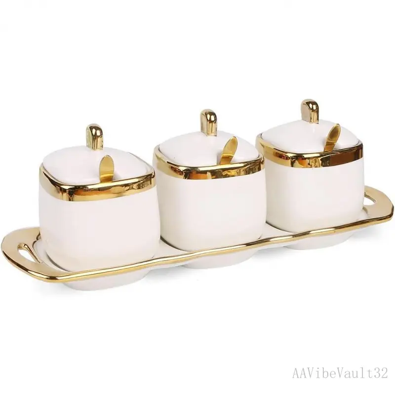 Modern White Kitchenware Ceramic Condiment Set of 3 - Sugar Bowl with Lid and Spoon, Containers with Tray for Salt, Seasoning Canisters for Kitchen Coffee Bar - AAVibeVault32
