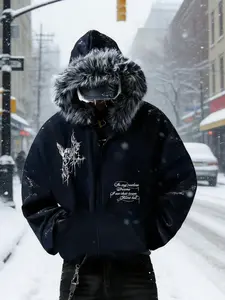 High Street Dark Style Hoodie Jacket Couple Gothic Angel Element, Loose Zipper Cardigan Coat, Plush Hat Design, Trendy Skateboarding Date Wear