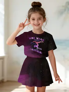 Girls' 3D Printed Gymnastics Pattern Top and Skirt Set, Casual Slim-Fitting Summer, Round Neck Short Sleeve, Daily Wear