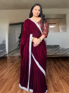 Women's Heavy Maroon Velvet Saree & Rajasthani Stitched Blouse Combo Set (Size 40) - Includes Free Dhaka Pouch, Saree Broch, Lady-Focused Suits, Stylish Clothes