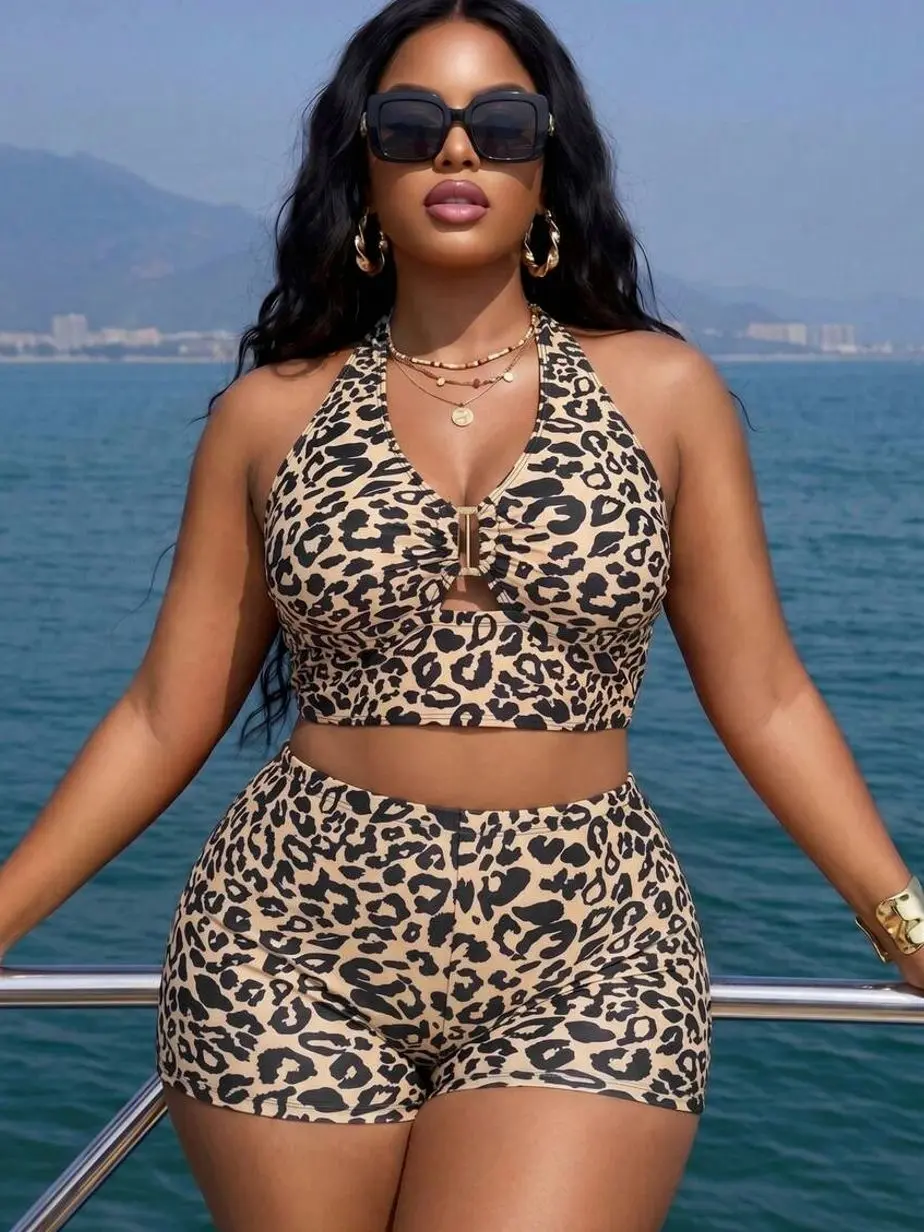 Plus Size Leopard Print Tankini, V-Neck Front Tie Supportive Slimming Swimwear for Vacation