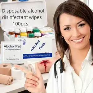 First Aid Box Essential, 75% Alcohol Swabs 100 Pieces Per Pack, Skin Wound Disinfection and Cleaning Supplies, Medical Consumables