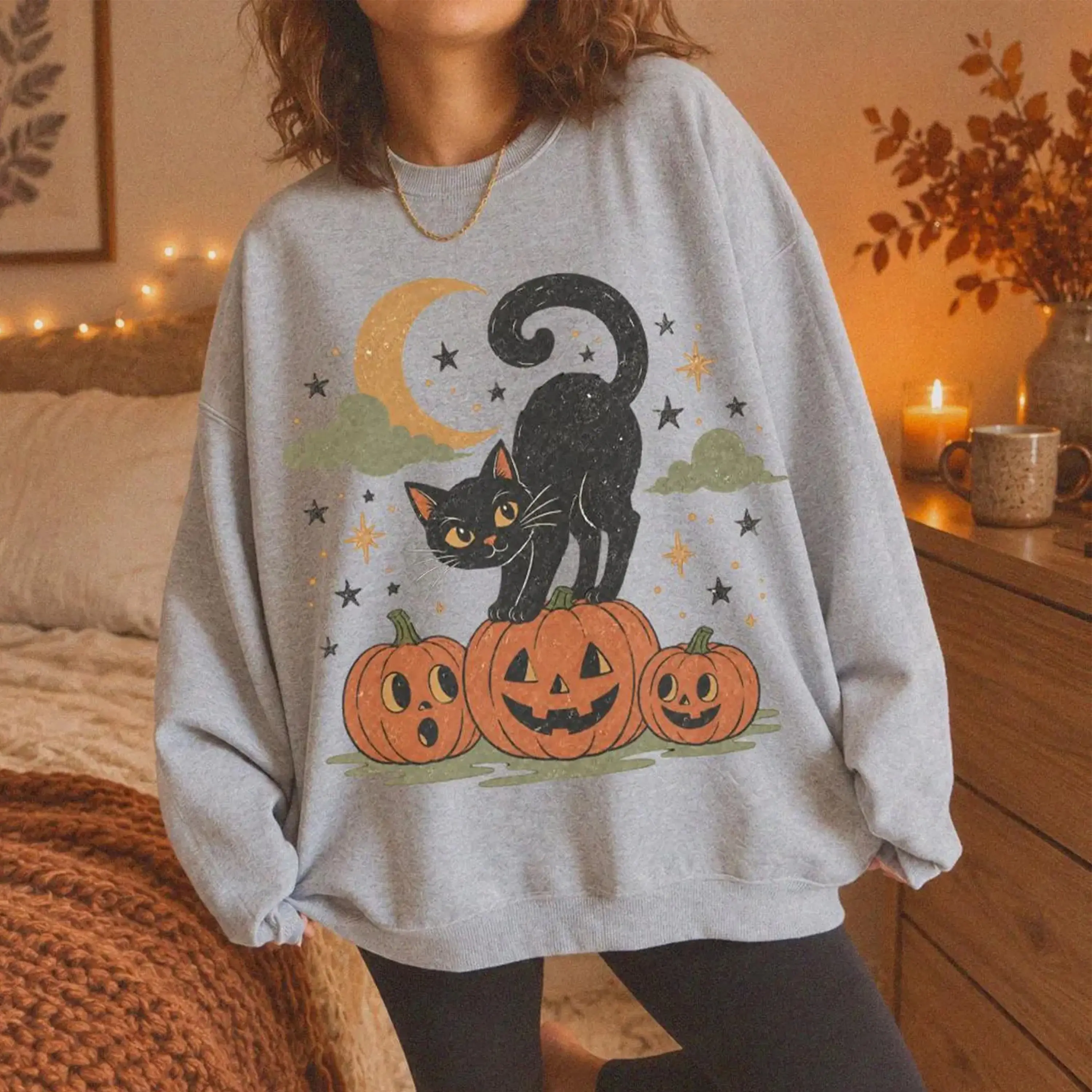 Halloween Black Cat Sweatshirt, 90s Vintage Spooky Season Crewneck, Retro Cat Mom Shirt